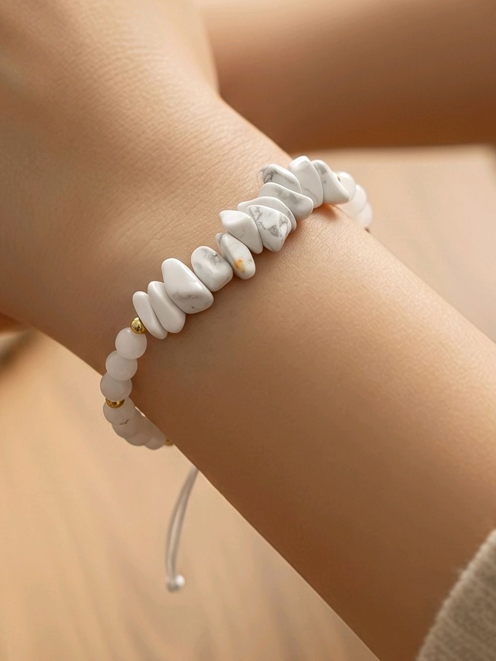White Howlite Chip Bracelet Adjustable Calm Stone Beaded Bracelet Minimalist Zen